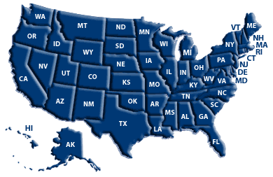 The US with all blue states labeled. 